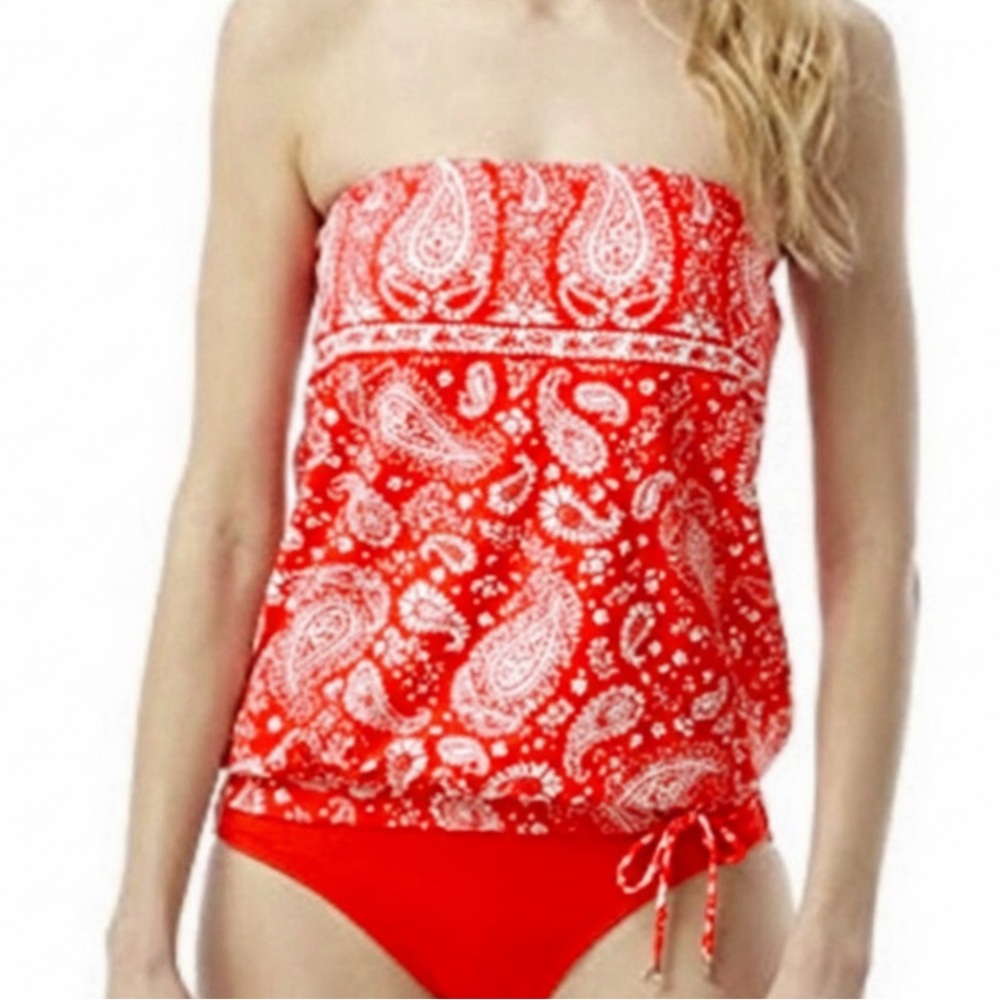 Michael Kors Tankini TOP Bandeau Style Removable Strap Red Paisley Sz SMALL NWT